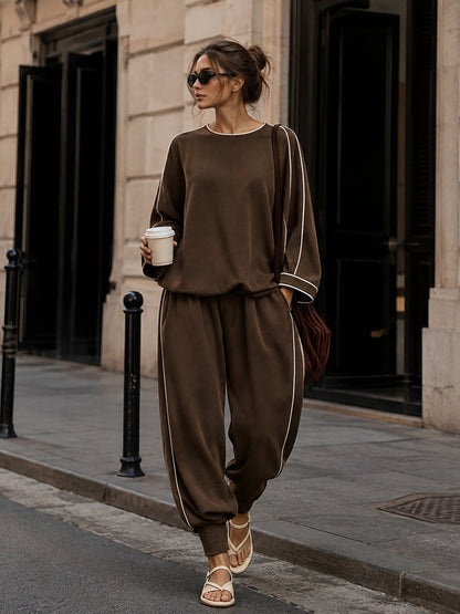 Womens Brown Relaxed Two Piece Set with Contrast Trim