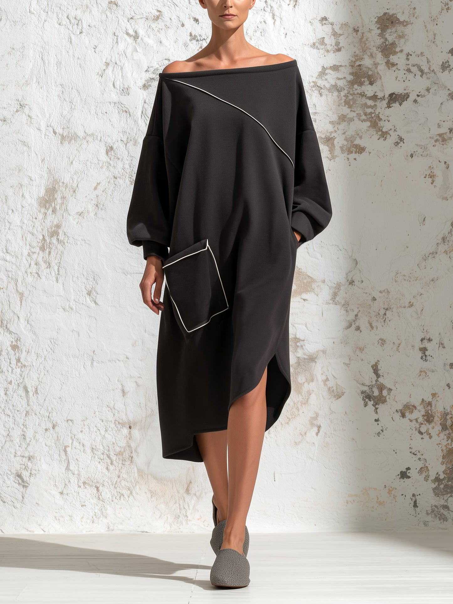 Black Off Shoulder Oversized Tunic Dress With Contrast Piping – Minimalist Elegant Midi Dress For Women