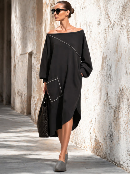 Black Off Shoulder Oversized Tunic Dress With Contrast Piping – Minimalist Elegant Midi Dress For Women