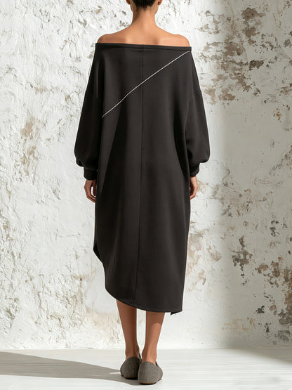Black Off Shoulder Oversized Tunic Dress With Contrast Piping – Minimalist Elegant Midi Dress For Women