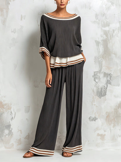 Women’s Pleated Two-Piece Set With Striped Trim – Relaxed Top & Wide-Leg Pants