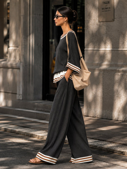 Women’s Pleated Two-Piece Set With Striped Trim – Relaxed Top & Wide-Leg Pants