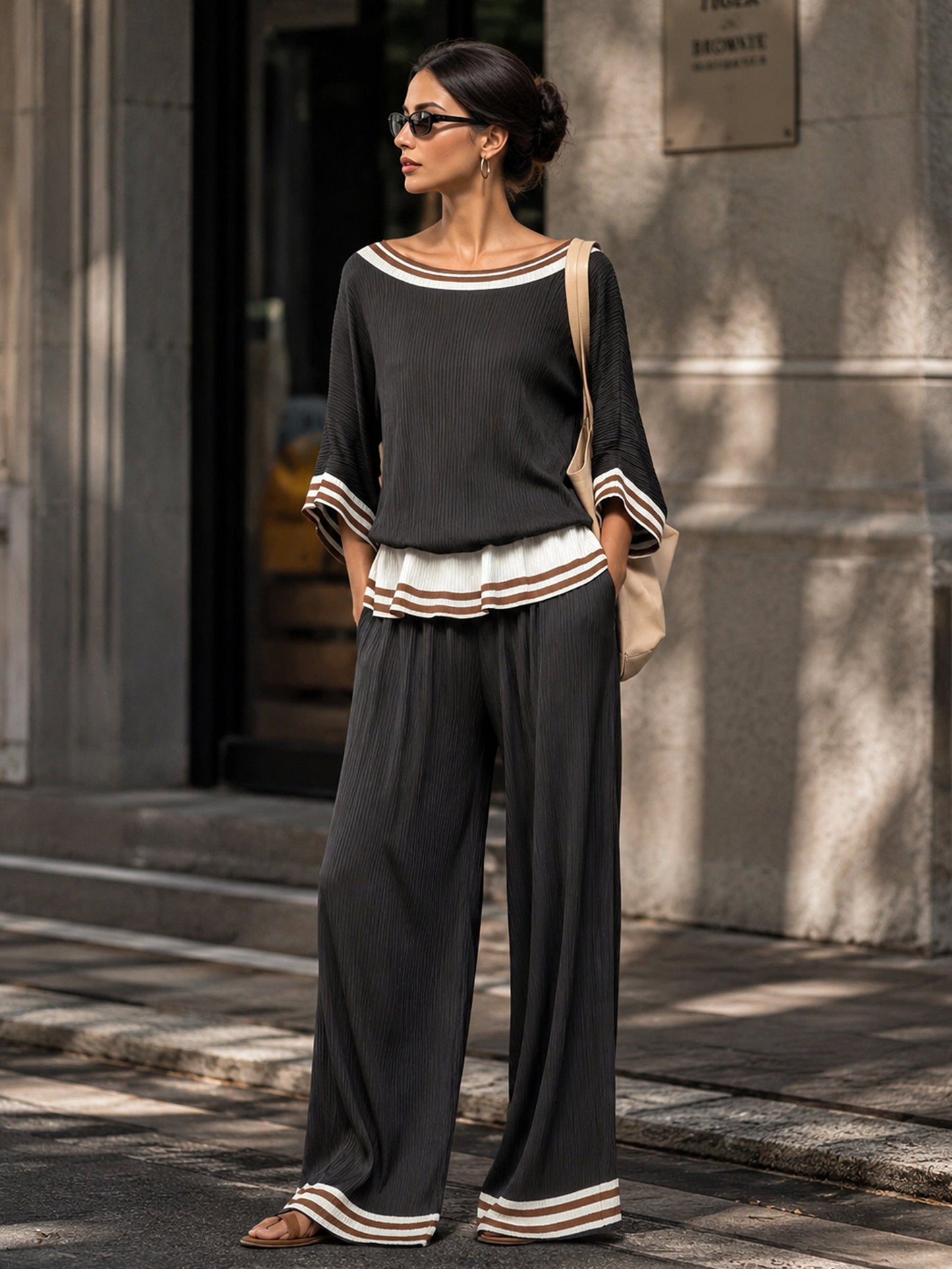 Women’s Pleated Two-Piece Set With Striped Trim – Relaxed Top & Wide-Leg Pants
