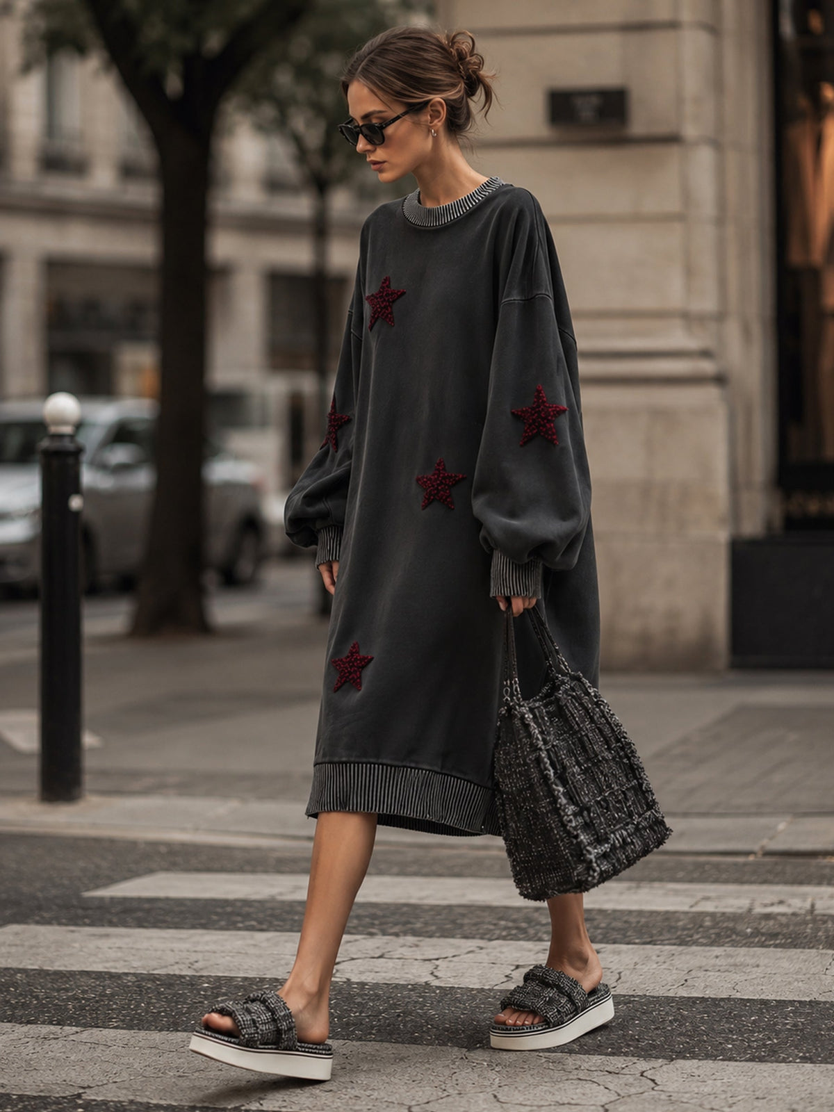 Star Patch Oversized Sweatshirt Dress