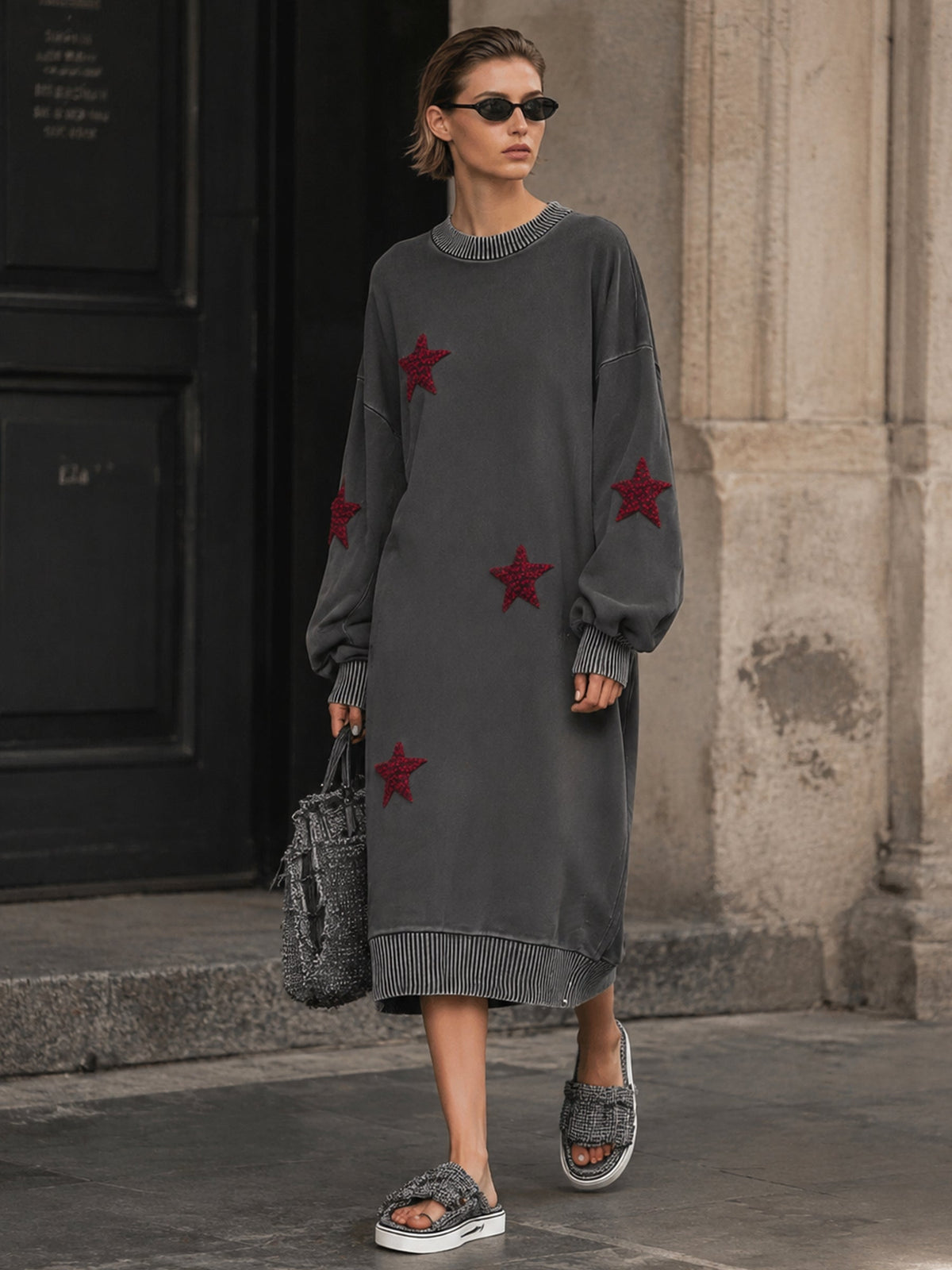 Star Patch Oversized Sweatshirt Dress
