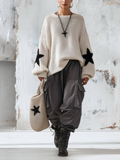 Star Patch Two-Piece Knit Set – Oversized Sweater And Matching Bottoms