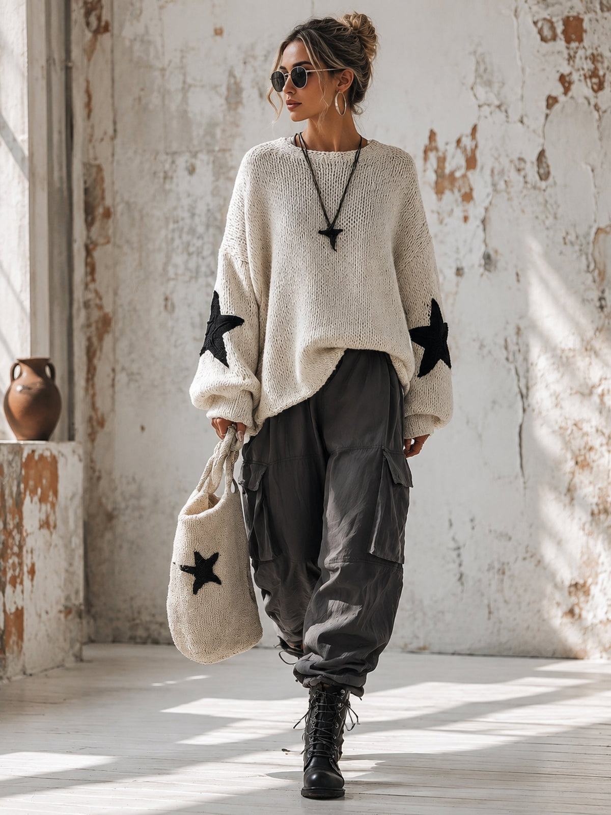 Star Patch Two-Piece Knit Set – Oversized Sweater And Matching Bottoms