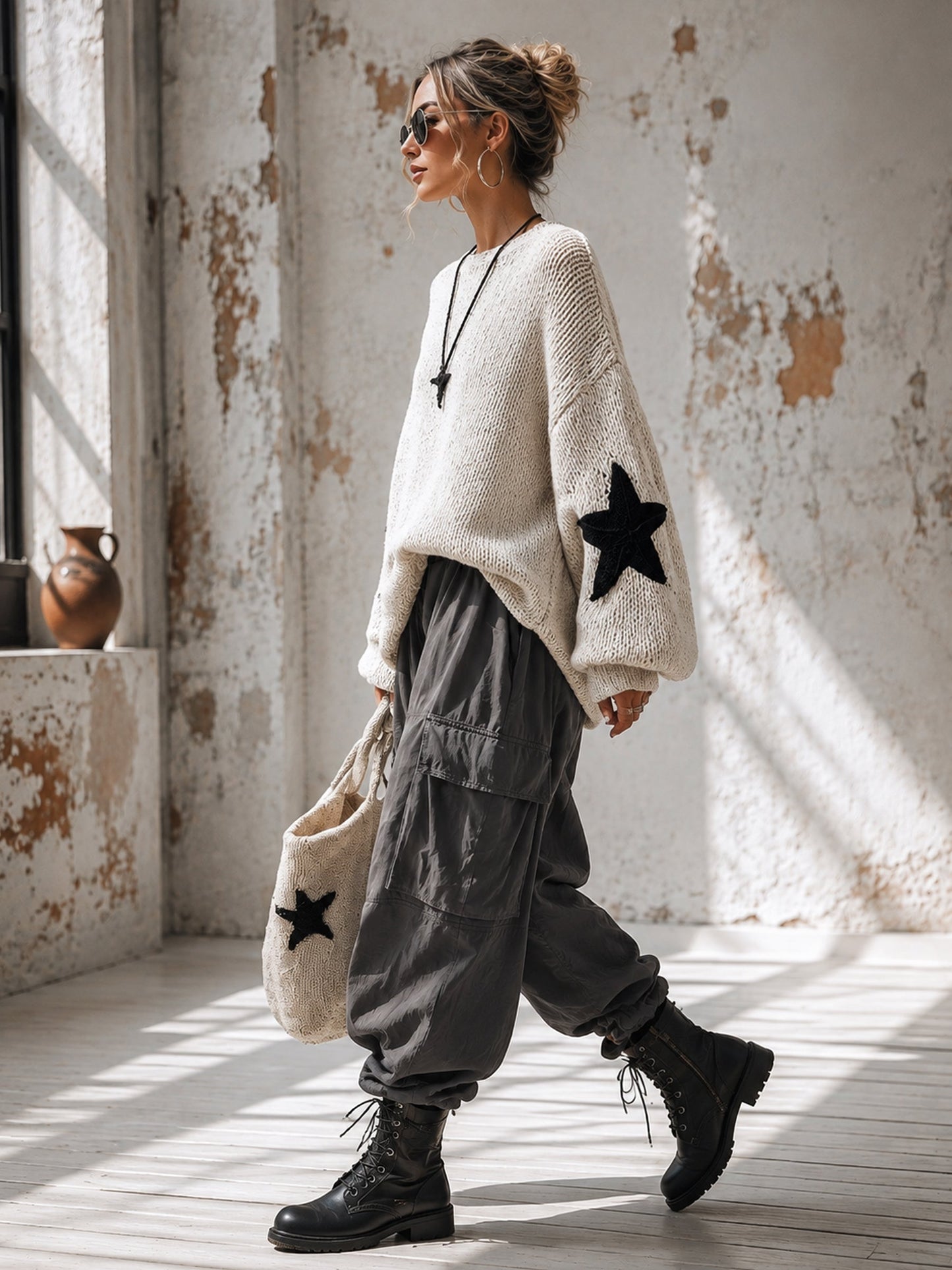 Star Patch Two-Piece Knit Set – Oversized Sweater And Matching Bottoms