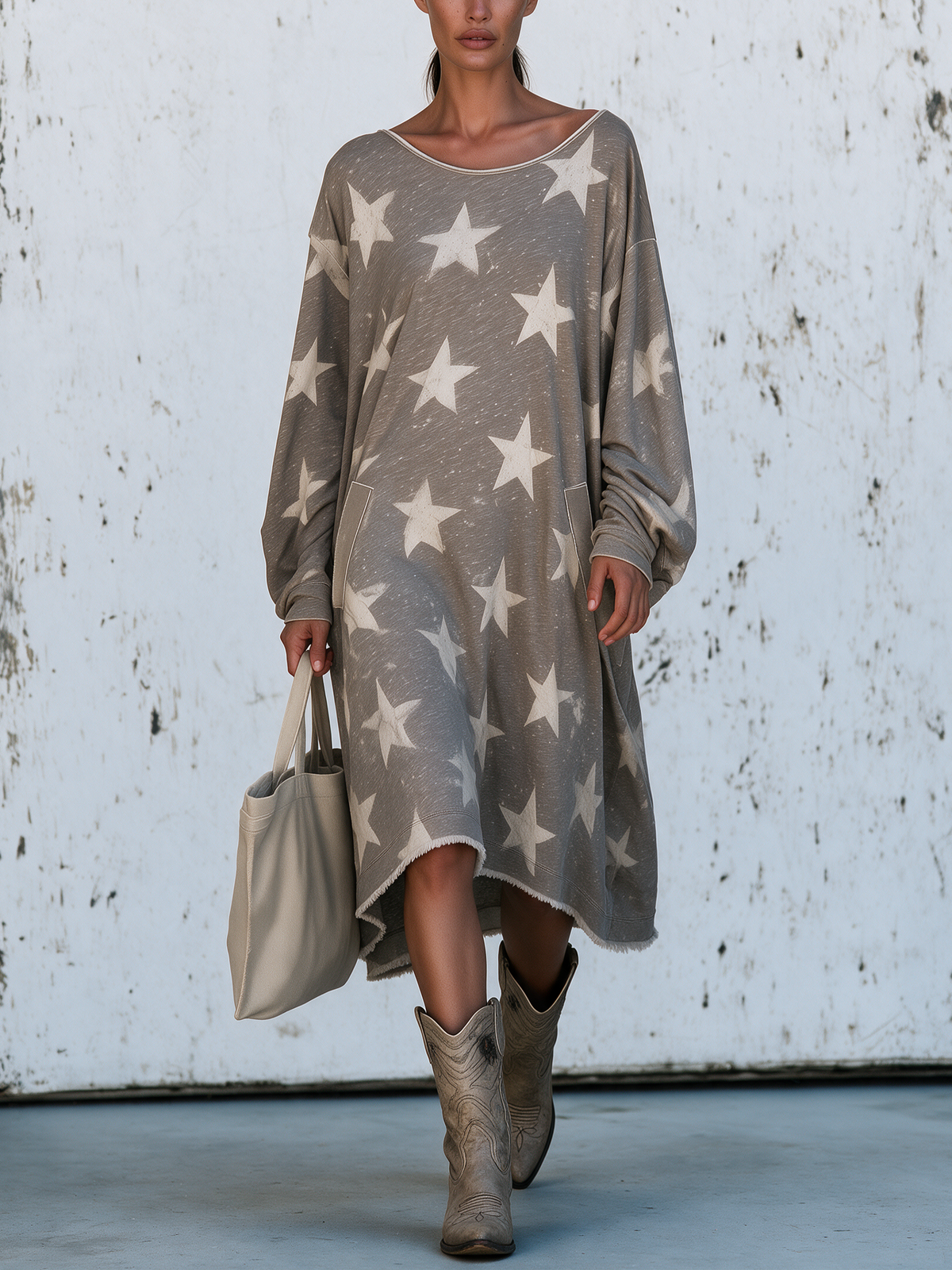 Vintage Washed Star Patch Sweatshirt Dress