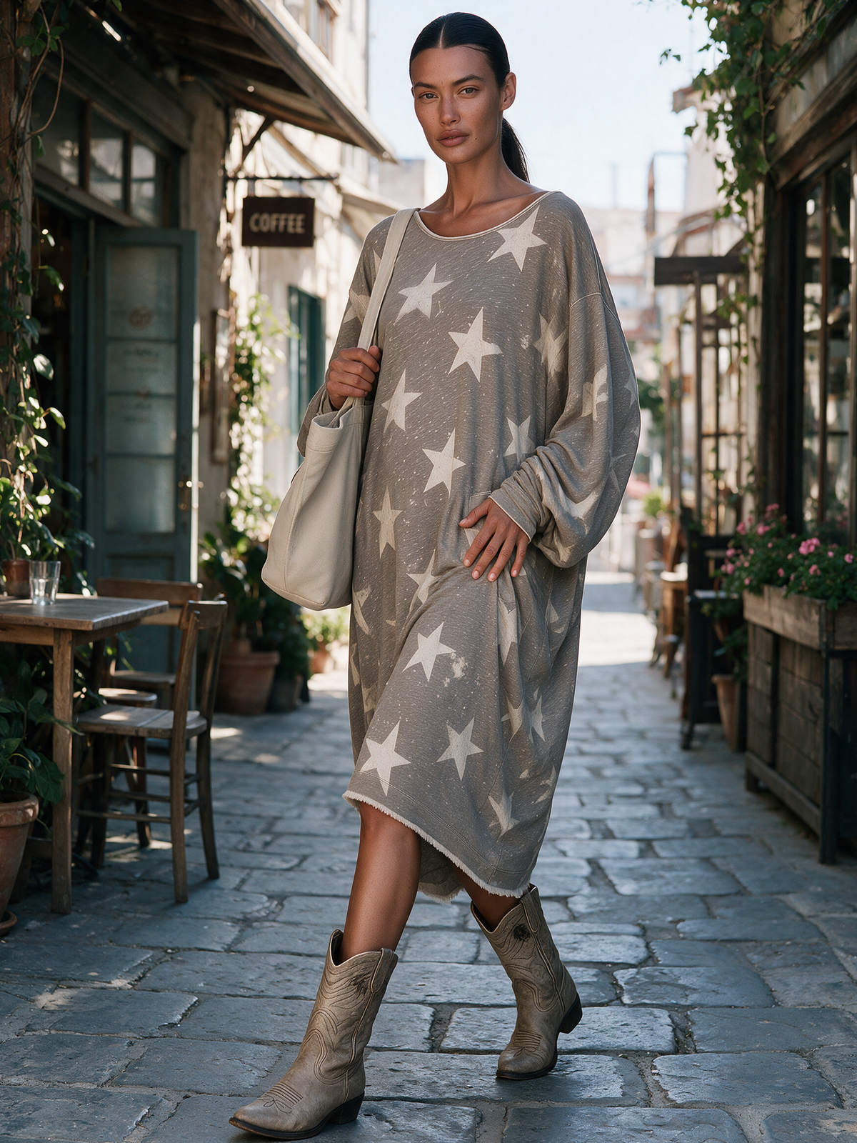 Vintage Washed Star Patch Sweatshirt Dress