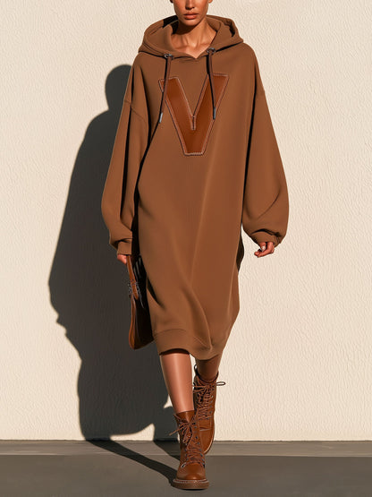 Oversized Hooded Sweatshirt Dress With V‑Shape Patch Detail