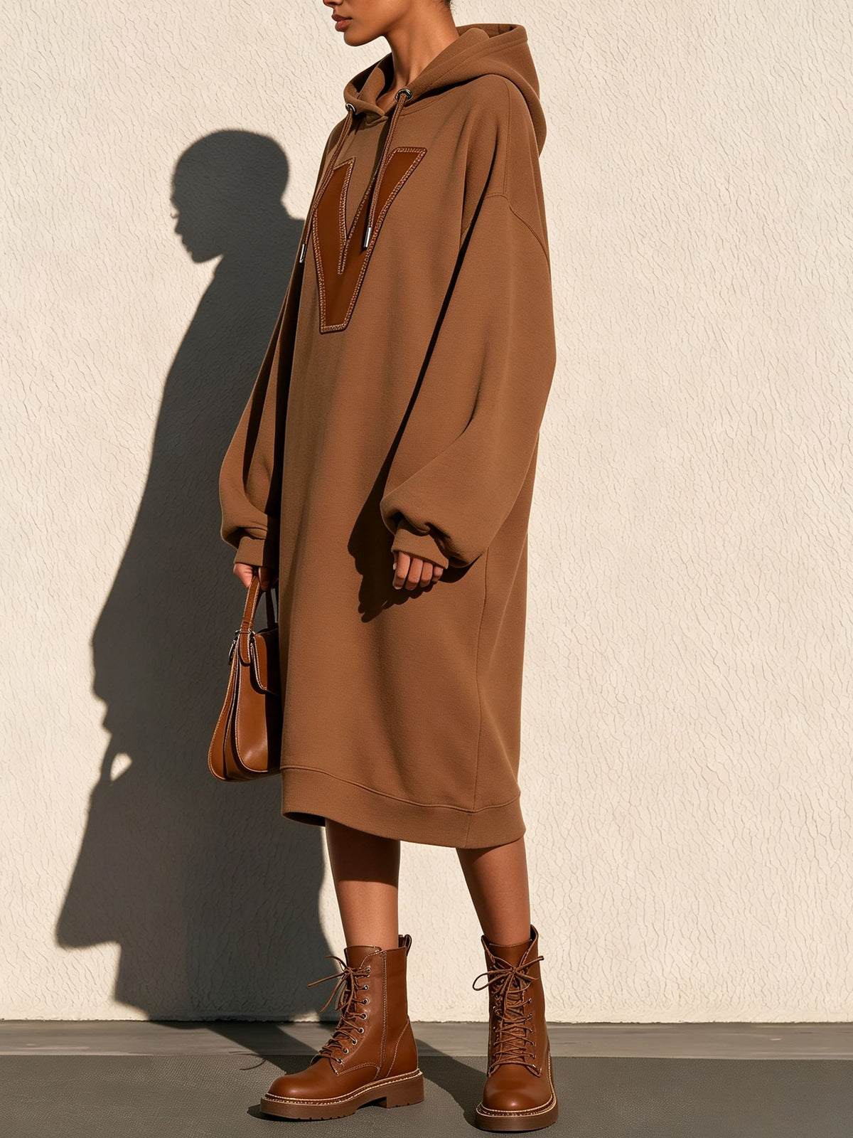 Oversized Hooded Sweatshirt Dress With V‑Shape Patch Detail