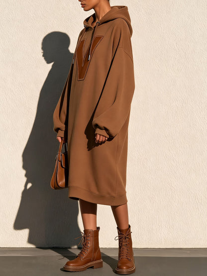 Oversized Hooded Sweatshirt Dress With V‑Shape Patch Detail