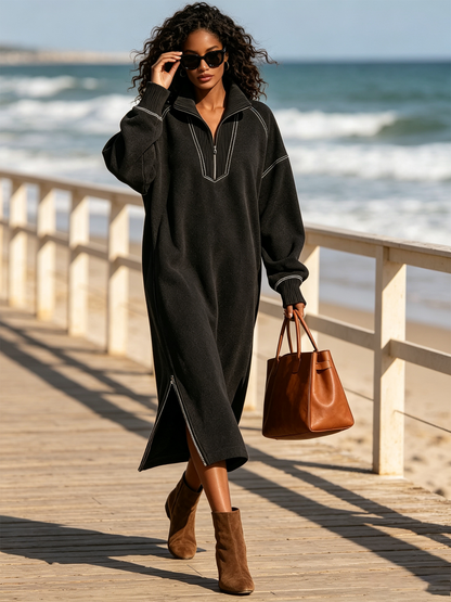 Fall Winter Oversized Contrast Stitch Half Zip Sweatshirt Midi Dress