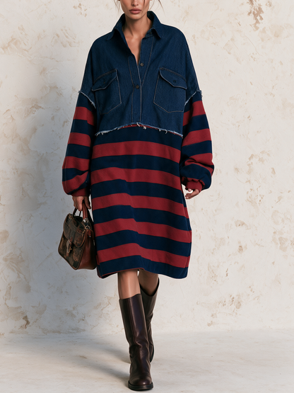 Denim Spliced Stripe Oversized Midi Dress
