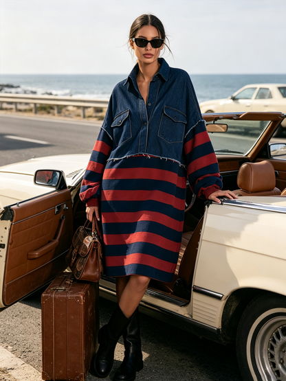 Denim Spliced Stripe Oversized Midi Dress