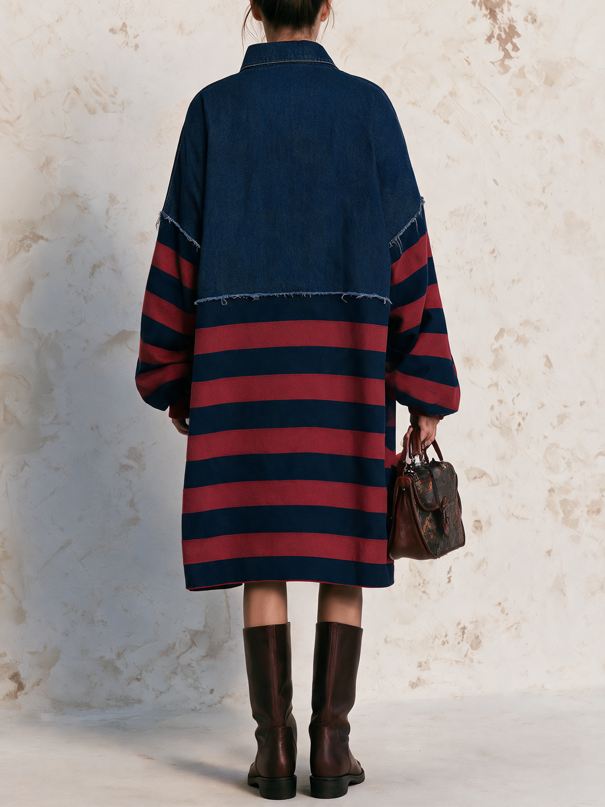 Denim Spliced Stripe Oversized Midi Dress