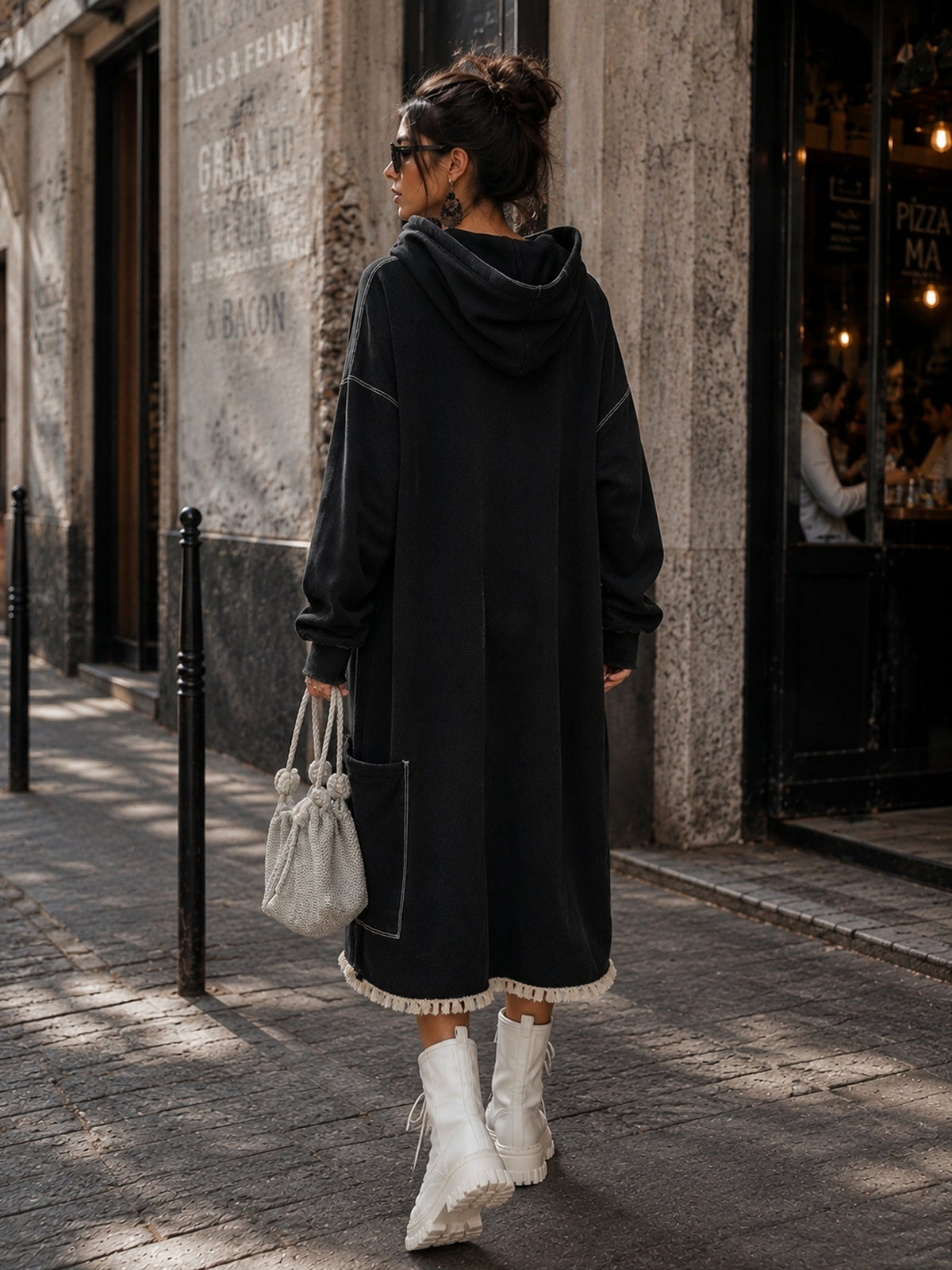 Women’s Oversized Hooded Hoodie Dress With Crescent Appliqué And Utility Pockets