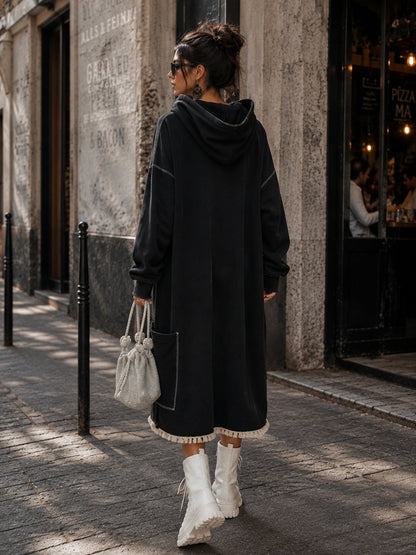 Women’s Oversized Hooded Hoodie Dress With Crescent Appliqué And Utility Pockets