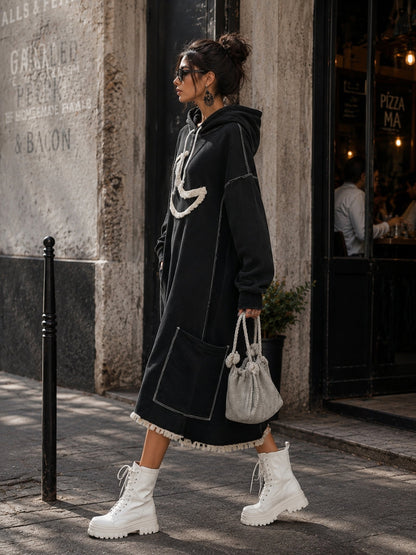 Women’s Oversized Hooded Hoodie Dress With Crescent Appliqué And Utility Pockets