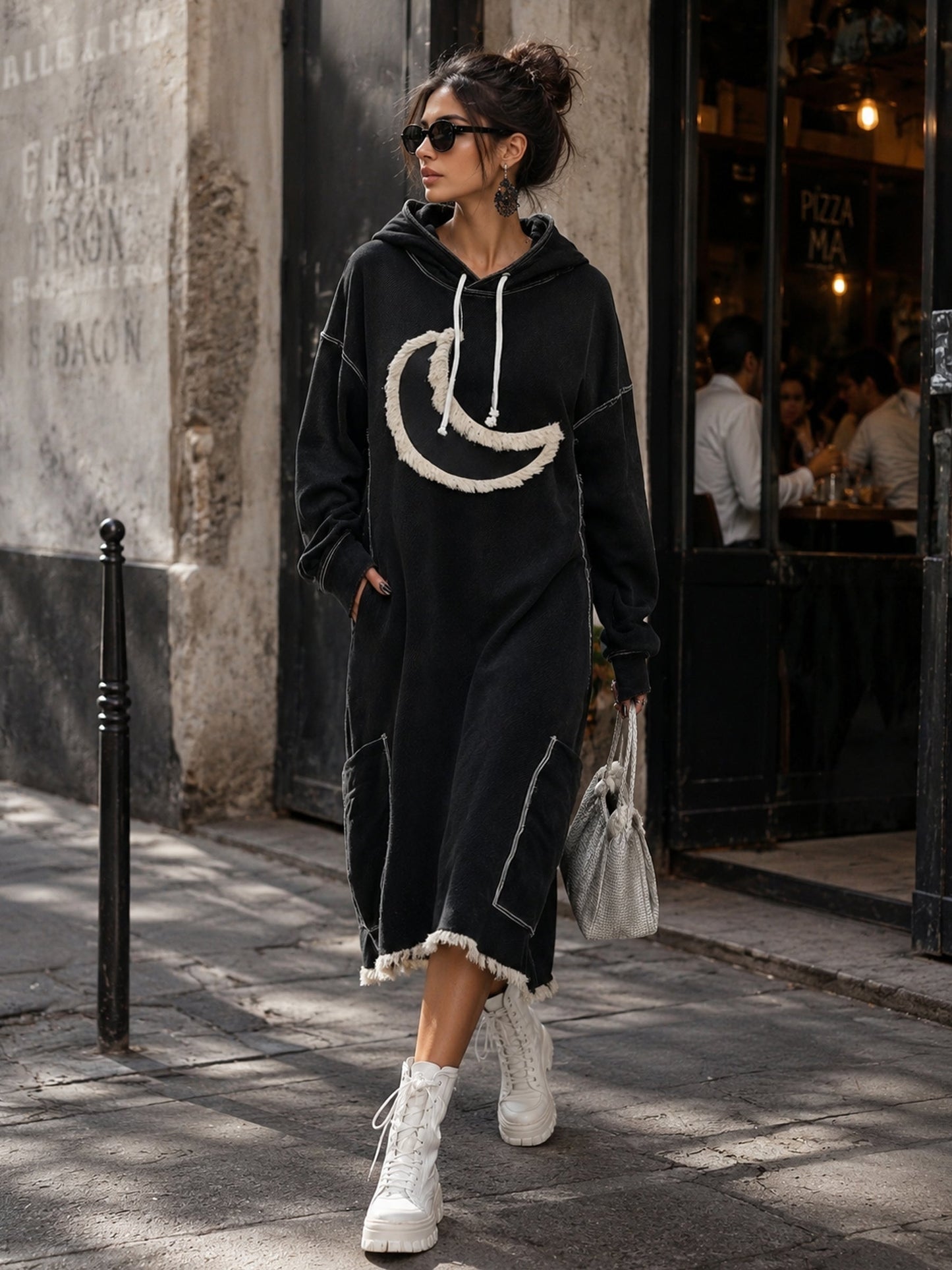 Women’s Oversized Hooded Hoodie Dress With Crescent Appliqué And Utility Pockets