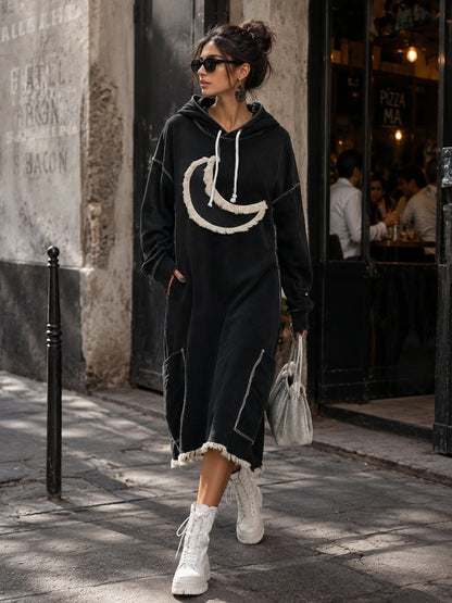 Women’s Oversized Hooded Hoodie Dress With Crescent Appliqué And Utility Pockets
