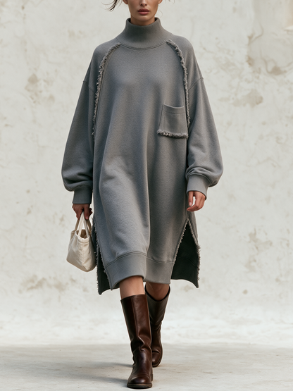 Oversized Raw‑Edge Fringe Turtleneck Sweatshirt Midi Dress