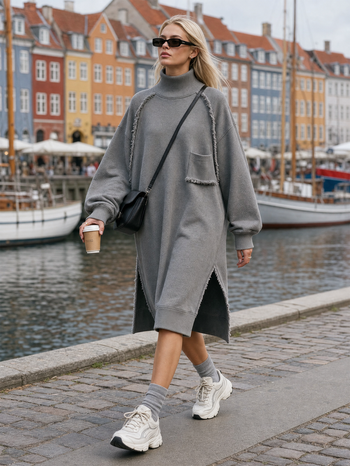 Oversized Raw‑Edge Fringe Turtleneck Sweatshirt Midi Dress