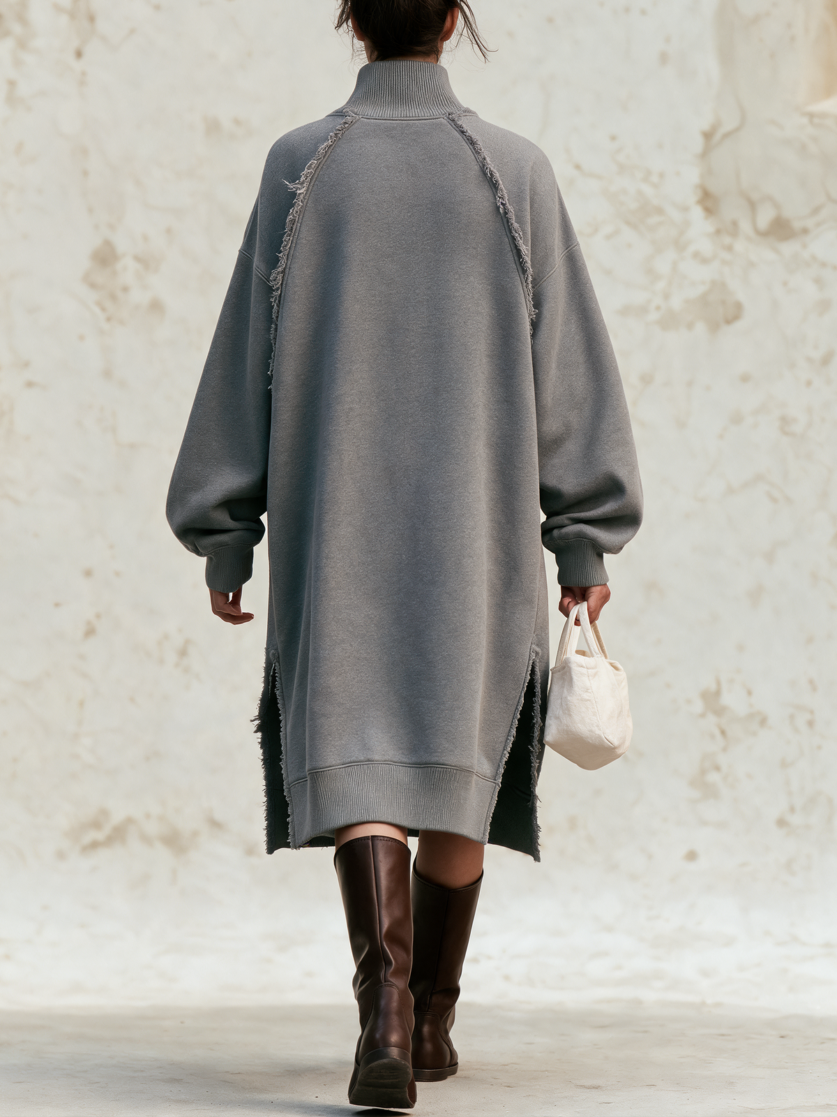 Oversized Raw‑Edge Fringe Turtleneck Sweatshirt Midi Dress