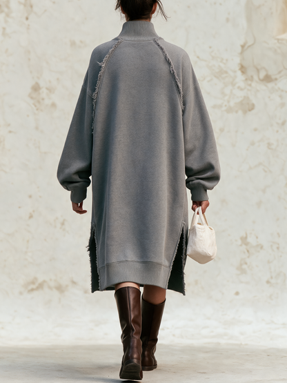 Oversized Raw‑Edge Fringe Turtleneck Sweatshirt Midi Dress
