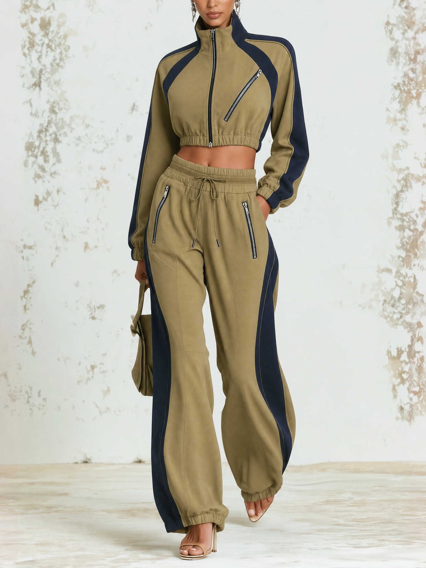 Khaki Contrast Track Set – Cropped Zip Jacket & Wide Leg Jogger Pants Activewear Set