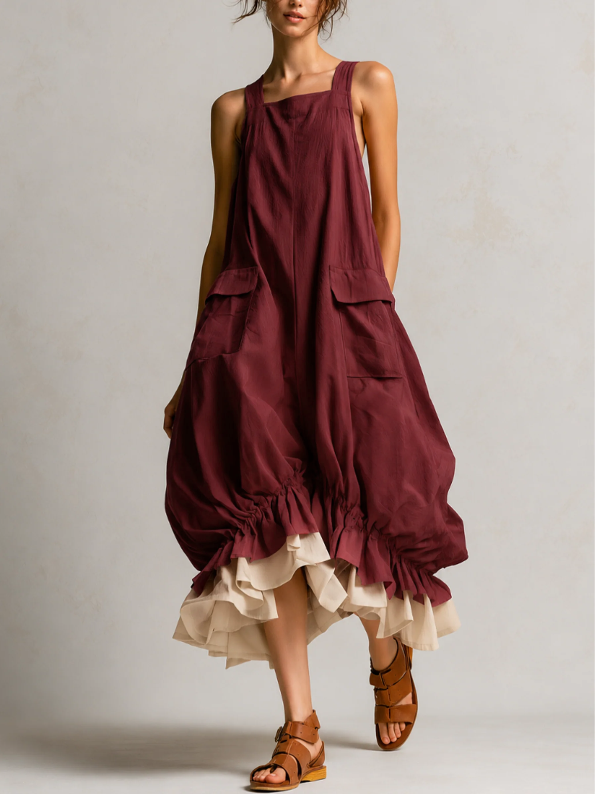 Yellow Sleeveless Cargo Pocket Layered Ruffle Hem Midi Overall Dress