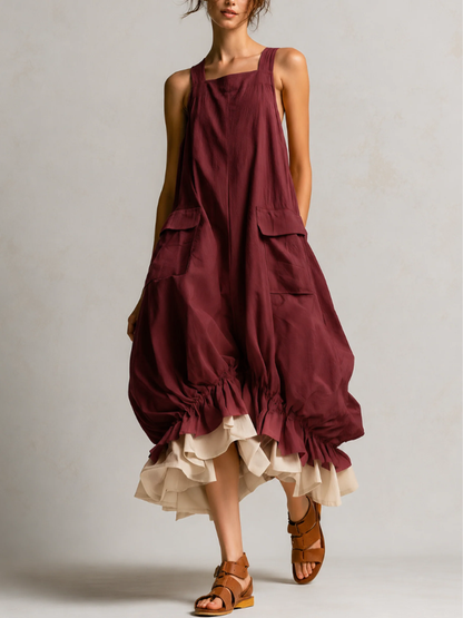 Yellow Sleeveless Cargo Pocket Layered Ruffle Hem Midi Overall Dress