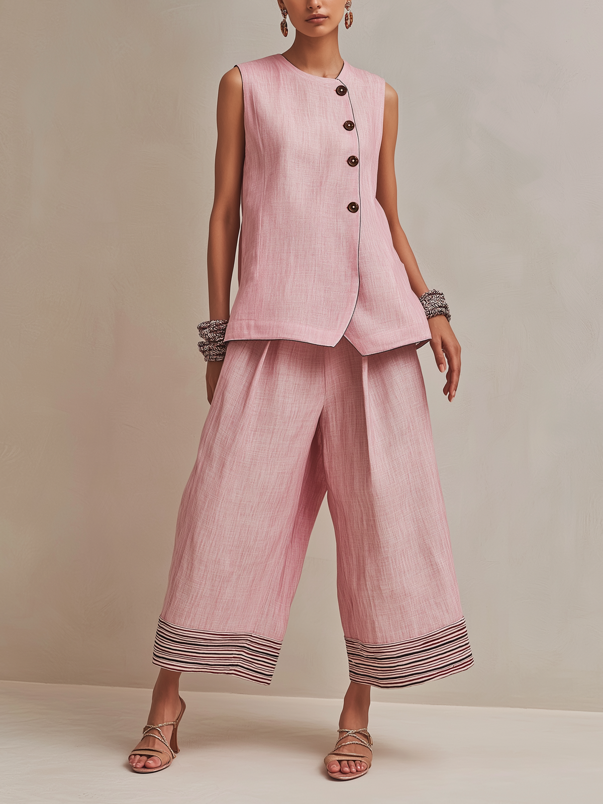 Blush Pink Linen-Blend Co-ord Set With Button Vest & Striped Hem Culottes