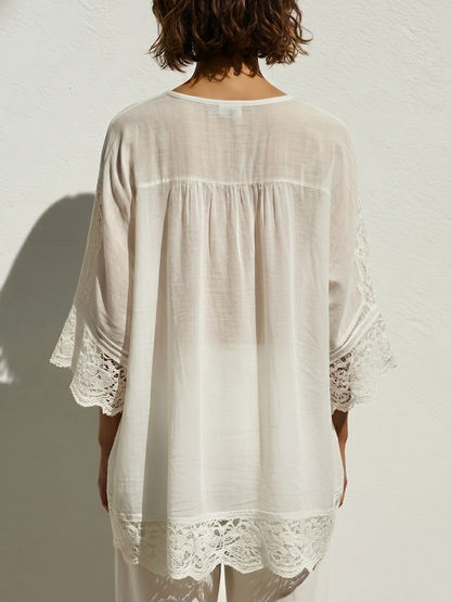 Women's Bohemian Resort Style Cotton-Lace Trimmed V-Neck Three-Quarter Sleeve Tunic ZMZ0185F8YZH