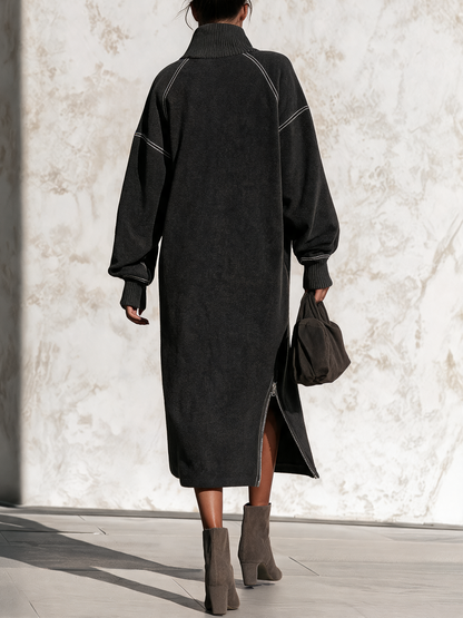 Fall Winter Oversized Contrast Stitch Half Zip Sweatshirt Midi Dress