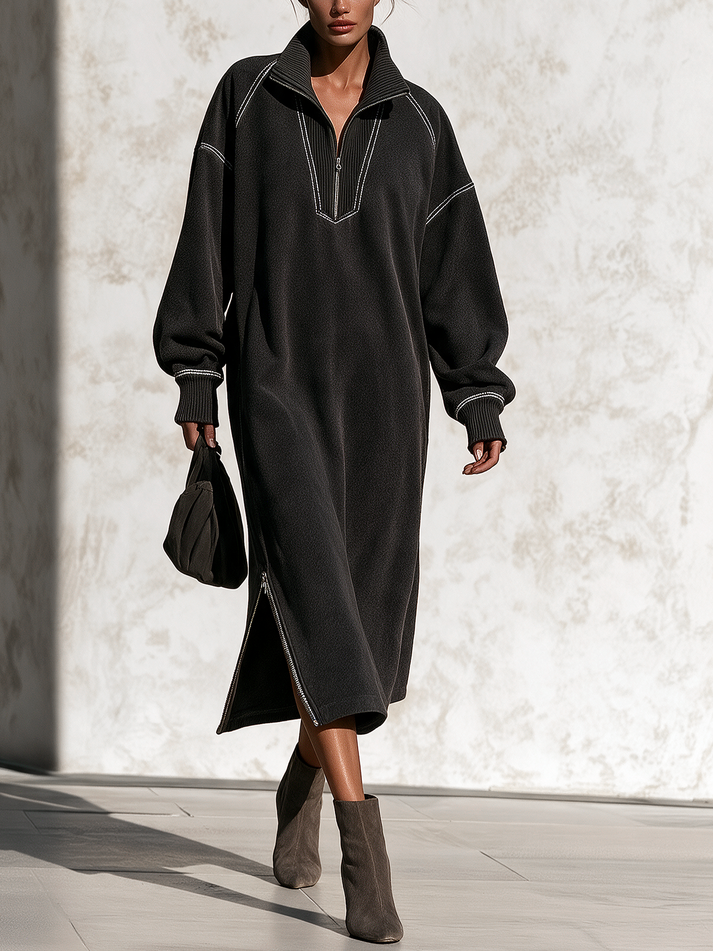 Fall Winter Oversized Contrast Stitch Half Zip Sweatshirt Midi Dress