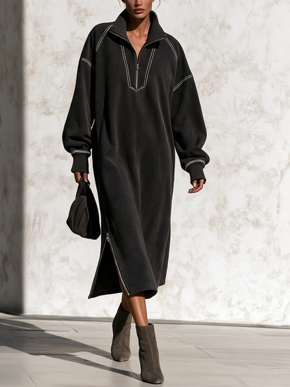 Fall Winter Oversized Contrast Stitch Half Zip Sweatshirt Midi Dress