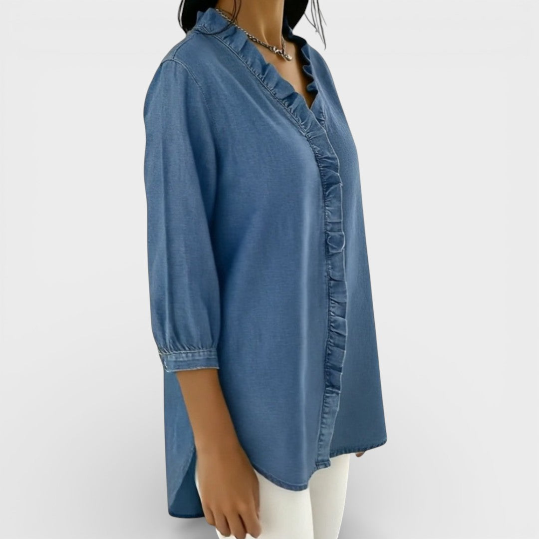 Chambray Ruffle-Front Denim Blouse