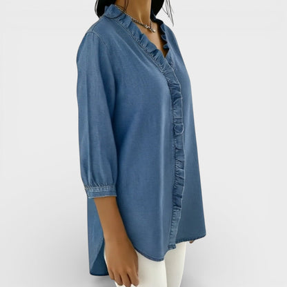 Chambray Ruffle-Front Denim Blouse