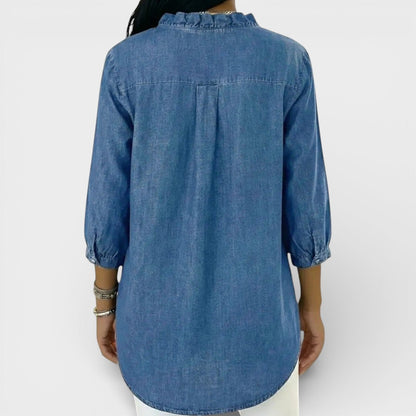 Chambray Ruffle-Front Denim Blouse