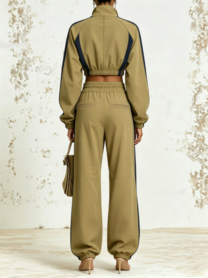 Khaki Contrast Track Set – Cropped Zip Jacket & Wide Leg Jogger Pants Activewear Set