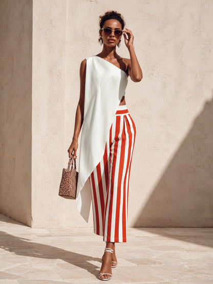 Sunset Stripes Asymmetrical One-Shoulder Two-Piece Set | Effortless Vacation Glam