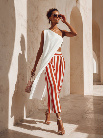 Sunset Stripes Asymmetrical One-Shoulder Two-Piece Set | Effortless Vacation Glam