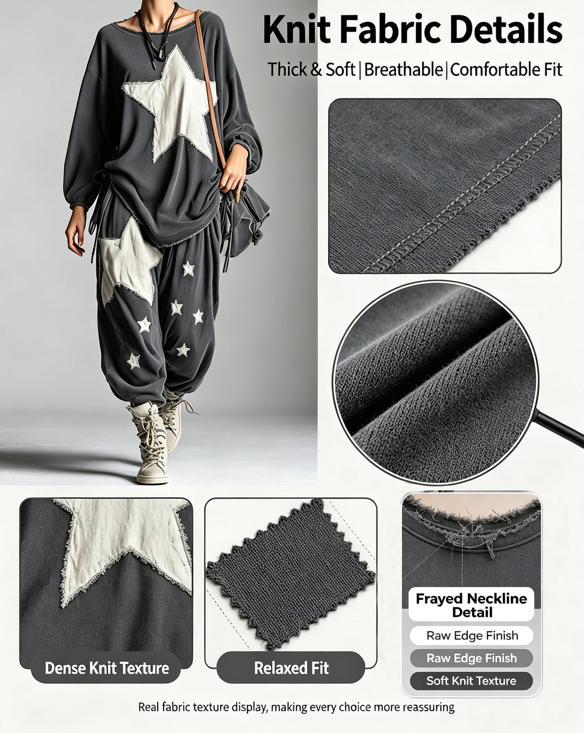 Women’s Oversized Star Patch Sweatshirt & Jogger Set – Casual Streetwear Two Piece Lounge Outfit