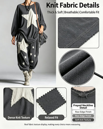Women’s Oversized Star Patch Sweatshirt & Jogger Set – Casual Streetwear Two Piece Lounge Outfit