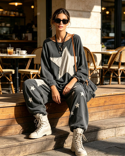 Women’s Oversized Star Patch Sweatshirt & Jogger Set – Casual Streetwear Two Piece Lounge Outfit