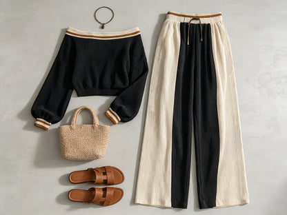 Women’s Off Shoulder Knit Two Piece Set – Elegant Long Sleeve Crop Top & Wide Leg Pants Lounge Outfit