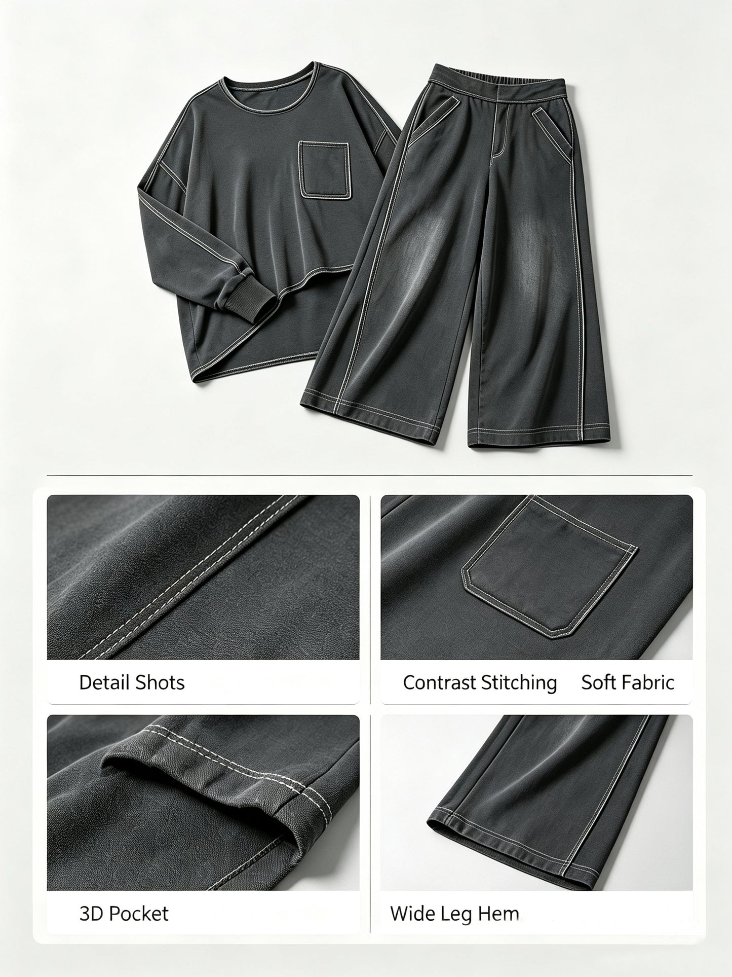 Contrast Stitch Asymmetrical Oversized Sweatshirt & Wide Leg Pants Two-Piece Set