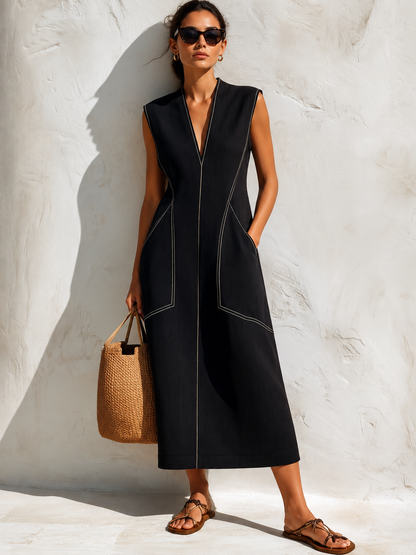 Black Linen-Blend Contrast Stitch Sleeveless Midi Dress